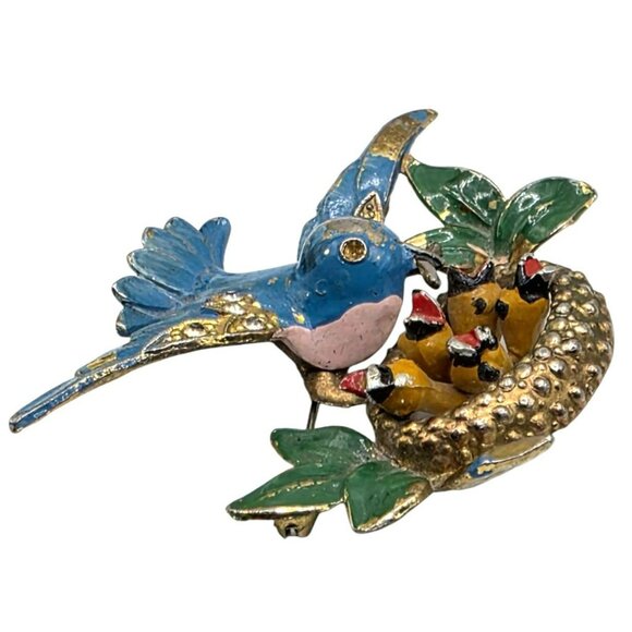 Vintage Fred Gray Blue Bird Brooch Nest Baby Birds Rhinestone Gold-Tone Pin USA - Picture 7 of 14